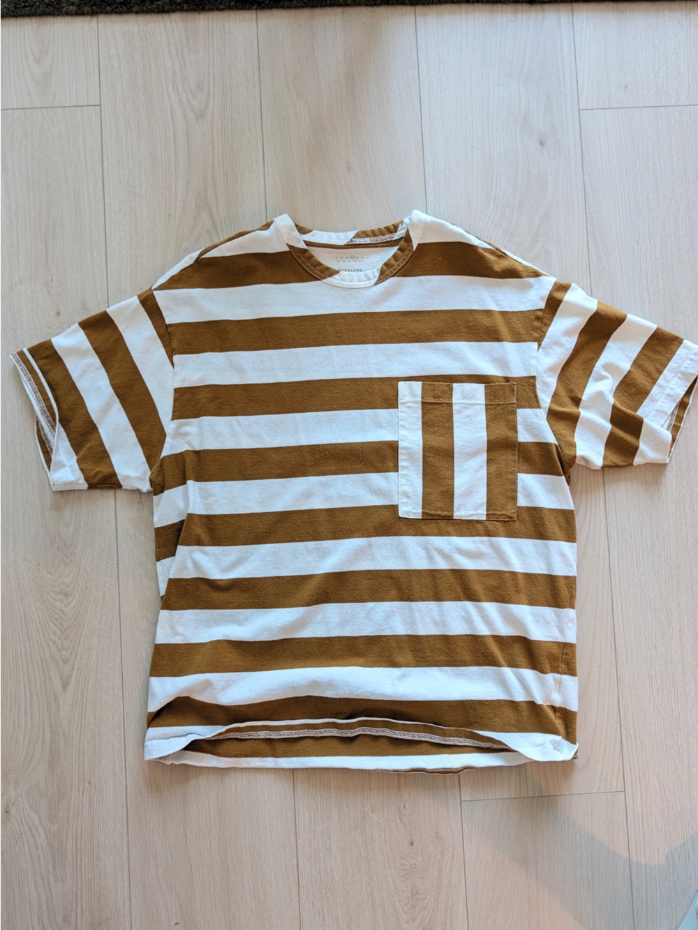 Everlane Cotton White and Mustard Striped Short-Sleeve Pocket Tee